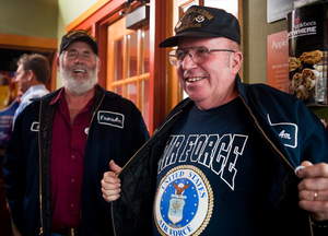 Two veterans visit Applebee's on Veterans Day, where veterans and active duty military receive a free Thank You meal.