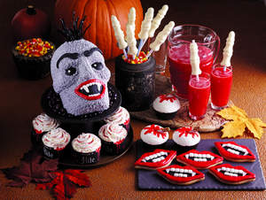 Clockwise from upper left: Vicious-Delicious Vampire Cake, Freaky Fingers Candy Straws, Freaky Fingers Strawberry Cooler, Fright Nite Cupcakes, Vampire Fang Cookies and Vampire's Bite Cupcakes
