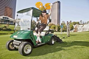 Electronic artist deadmau5 tries his shot as a golf caddie during his job search at Wynn Las Vegas. Deadmau5 has developed an exclusive partnership for 2012 with XS, Encore Beach Club, and Wynn Las Vegas. Photo credit: Brian Brown Photography.