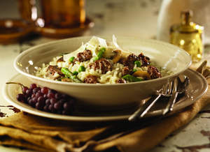 Risotto with Italian Sausage, Mushrooms, Peas and Asparagus