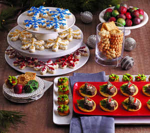 Snowflake Shortbread Cut-Out Cookies, Mint Chocolate Chip Truffles, Chocolate Raspberry Chip Truffles, Parmesan Pepper Spritz Crackers, Merry Mushroom Bites and Savory Southwest Donuts