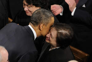 President Barack Obama greets Justice Elena Kagan as he arrives to give his State of the Union address to Congress on Capitol Hill, Tuesday, January 25, 2011, in Washington, D.C. (Rod Lamkey Jr./MCT via Getty Images)