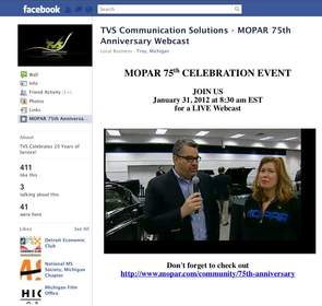 TVS Communication Solutions used MediaPlatform's WebCaster to produce a live webcast on Facebook and other sites for the 75th anniversary of Mopar, Chrysler Group LLC's service, parts and customer-care brand. 