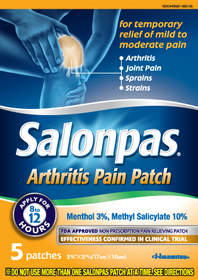 The Salonpas(R) Arthritis Pain Patch is the first and only FDA-Approved OTC topical pain relief patch for the temporary relief of mild to moderate muscles and joints aches and pains associated with arthritis, sprains, strains, bruises and simple backache.
