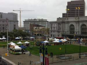 View of Civic Center in SF this morning from City Hall as the St. Patrick's Day Parade organisers prepare the Plaza for the after-parade festivities.