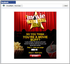 Screenshot of Cheapflights' Movie Location Facebook Quiz where you can test your film trivia knowledge and eye for movie locations with this fun interactive game.