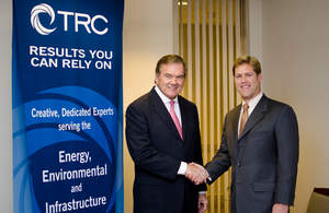 TRC Companies has engaged Ridge Global as a strategic advisor.  Ridge Global's Founder and CEO, and former U.S. Secretary of Homeland Security, Tom Ridge (left) shakes hands with TRC's Chairman and CEO Chris Vincze (right).