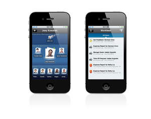 Workday for iPhone(R): Organizational Swirl and Workfeed.
