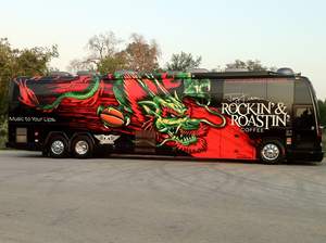 Aerosmith Drummer Joey Kramer's Rockin' & Roastin' tour bus, now on the Aerosmith Global Warming Tour,  obliterates any thoughts that there is anything subtle about his Rockin' & Roastin' Coffee or his commitment to helping coffee workers and supporting sustainable, forest-friendly, chemical-free farming methods.