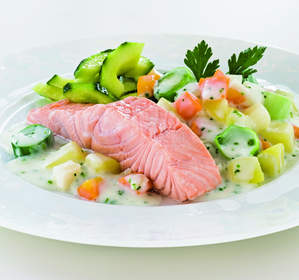Poached Norwegian Salmon with Stewed Vegetables and Cucumber Salad