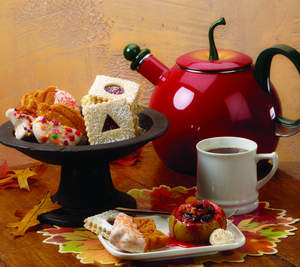 Apple Hazelnut Linzer Cookies, Harvest Sweet Potato Cakes and Cinnamon Glazed Apples with tea kettle