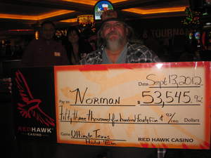 Norman, from Placerville, Calif., celebrates his $53,546 table games jackpot at Red Hawk Casino.