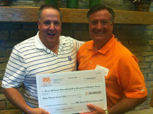 Chuck Sutton, president, MC Squared Energy Services, LLC (right) presents a check to Doug Porter, CEO, Ronald McDonald House Charities(R) of Chicagoland & Northwest Indiana (RMHC-CNI). The  $15,000 donation to RMHC-CNI was made during the 4th annual mc2 golf outing at Cantigny Golf Course in Wheaton, Ill.