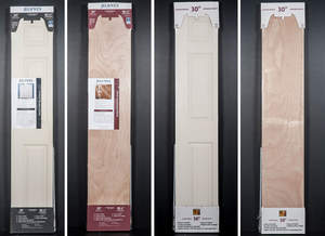 JELD-WEN Molded Panel Bifold, JELD-WEN Flush Natural Wood Grain  Bifold, Reliabilt Molded Natural Wood Grain Bifold and Reliabilt Flush Natural Wood Grain Bifold doors are shown as packaged for retail outlets.