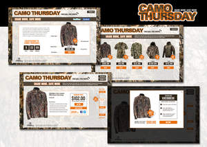 Gander Mountain's Camo Thursday promotion will run every Thursday from November 29 to December 27. Each sample screengrab above represents the various pages shoppers will see during their experience with www.camothursday.com, including the countdown page (shown Friday - Wednesday), main Camo Thursday page with all products (shown on Thursdays only), individual product page, and the page that maintains the code for a particular product once a shopper decides to grab their deal. Individual screengrabs are available upon request.