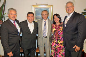 Caption: (L-R) Ramiro Jordan, Associate Dean of Engineering, International Programs, University of New Mexico; Fredy Villagran, Business Development Executive, NanoProfessor; Gruia-Catalin Roman, Dean, School of Engineering, University of New Mexico; Dulce Garcia, President, ISTEC; and Dean Hart, Chief Commercial Officer, NanoInk, all celebrate the announcement of the Innovation Plaza during a special reception at the WEEF 2012 meeting in Buenos Aries, Argentina.