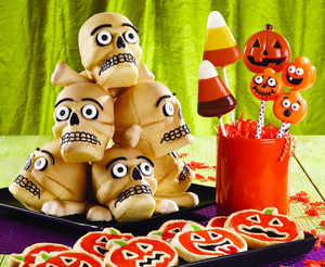 Tower of Horror Treats, Jolly Jack-o-Lantern Cookies, Happily Haunted Lollipops, Spirited Pumpkin Cake Pops