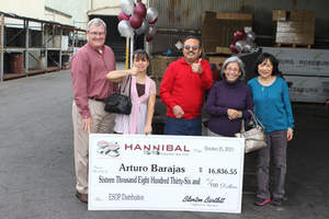 Left to right: Hannibal Industries President Blanton Bartlett, Ruth Barajas, Arturo Barajas, Martha Barajas, Hannibal Industries VP of Finance Heidy Moon.

At today’s celebratory Hannibal Industries pancake breakfast culminating the Employee Ownership month, Arturo Barajas received a check that represents his payout as a retiring employee.
