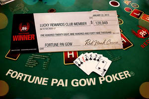 Lucky Rewards Club member at Red Hawk Casino celebrated a $128,949 progressive jackpot on a Fortune Pai Gow Poker.