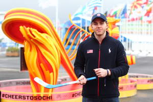 Team USA Hockey Player Patrick Kane visits the McDonald's "Cheers to Sochi" kiosk in the Athletes' Village at the Sochi 2014 Winter Olympic Games to print messages of good luck from fans. "Cheers to Sochi" is a social media campaign that connects fans from around the world with Olympic athletes. Supporters can send personalized messages and good luck wishes to their favorite athletes and teams competing in Sochi by visiting www.cheerstosochi.com. 
