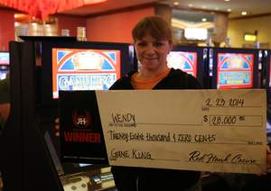 Wendy, from Santa Rosa, Calif., celebrates a $28,000 slot win at Red Hawk Casino.