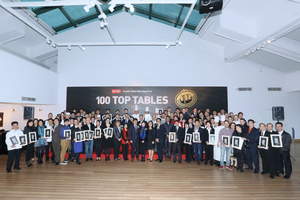 SCMP executives (Robin Hu , CEO, Elsie Cheung, COO, Carrie Law, General Manager, Advertising & Marketing Solutions, Winnie Chung, Editorial Director, Specialist Publications, Romanus Ng, Head of Sales, Deputy Director of AMS, Tracey Furniss, Senior Commissioning Editor, Specialist Publications) celebrated the most joyful moment with winners of the 100 Top Tables 2014 at today's ceremony