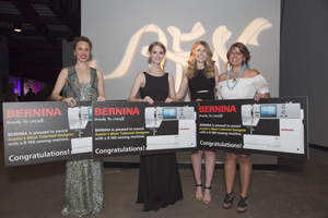 BERNINA of America presented a BERNINA 560 to Three Emerging Fashion Designers at Austin Fashion Week.
(Left to right) Mallory Curlee of CurleeBikini, Lindsey Creel of M.E. Shirley, Amy Gutierrez, Director of Marketing for BERNINA of America, and Adrienne Yunger.