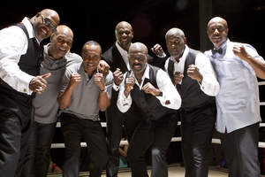 L to R- Marvin Winans, Mike Tyson, Sugar Ray Leonard, Terry Crews, Bebe Winans, Carvin Winans, and MC Hammer on the set of 3 Winans Brothers "Move In Me" video shoot