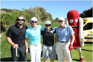 Left to right: Brody Jenner, Todd Bowman, Travis Clarke, Bruce Jenner and the Wienerschnitzel Weiner getting background props