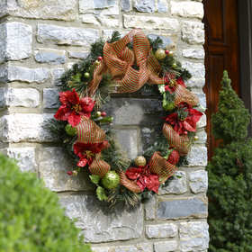 Holly Jolly Poinsettia and Ribbon Wreath - $59.99
