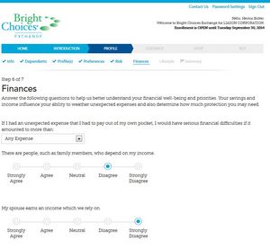 Bright Choices® helps employees easily select a benefits portfolio that meets their coverage needs. This is the 'Finances Questionnaire' page, which is one component that helps the system generate a personalized recommendation.