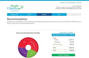 The 'Recommendation' page provides the employee with a unique recommendation of products and plans, along with a display of total costs, including the employer's contribution.