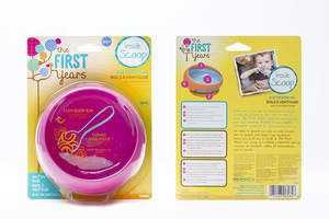 New packaging for The First Years' Inside Scoop suction bowl features new logos, fonts, and warmer colors, as well as a natural, "selfie"-style photo on back panel.