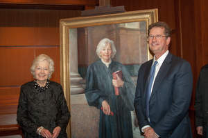 The Honorable Margaret H. Marshall (on left), former Chief Justice of the Massachusetts Supreme Judicial Court, with her portrait, which was presented to the Court on April 10, 2015 at the John Adams Courthouse.  On the right is John Nadas, Chairman of Choate, Hall & Stewart, LLP, where Marshall is currently Senior Counsel.
