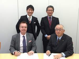 Seated: Kevin McCormack, Global Head of IP&E, RS Components; Osamu Katsuta, General Manager, Global Distribution Division, TDK Corporation. 
Standing: Atsushi Ito, Product Manager IP&E Japan, RS Components; Yuho Inoue, Section Head Manager, Global Distribution Division, TDK Corporation