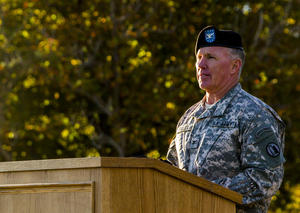 Col. Brad C. Fuller gives his final speech after transitioning out of his military position at Tarbet Field on Camp Williams in Bluffdale on Saturday, Sept. 19, 2015.