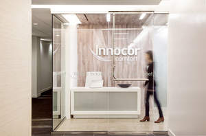 CBX’s extensive work on the Innocor corporate identity project included designing how the new brand would come to life in the company’s Manhattan showroom, creating a three-dimensional version of the brand mark in chrome, brushed aluminum and translucent acrylic.