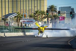 Red Bull Air Race pilot Kirby Chambliss lands his Edge 540 race plane in the Las Vegas Strip ahead of Ted Bull Air Race Las Vegas. Photo Credit: Michael Clark/Red Bull Content Pool