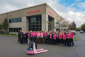 At Raymond Handling Concepts Corporation it’s never just business, it is personal and the entire company works as a team to support the community.  The staff at the company’s Auburn Headquarters proudly wore pink to support the Breast Cancer Awareness Month during their Oct. 13 Open House.