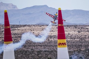 Peter Besenyei of Hungary races during the finals of the eighth stage of the Red Bull Air Race World Championship at the Las Vegas Motor Speedway in Las Vegas, Nevada, United States on October 18, 2015.  Photo Credit: Andreas Schaad/Red Bull Content Pool