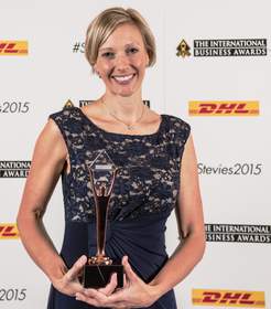 Kimberly Haas, Ziehm Imaging, with the 2015 Bronze Stevie Award for the Best New Product