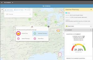 Enhanced Optymyze Territory Management Product: Territory management map view looking at attainment for one account.
