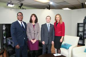 On the set of MI Healthy Mind program about autism spectrum disorder are, from left, Michael Hunter, the show's co-host; Dr. Colleen Allen, president & CEO of the Autism Alliance of Michigan; Michigan Lt. Governor Brian Calley; and Elizabeth Atkins,show co-host on TV 20 Detroit.