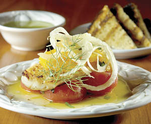 Day Boat Cod with Melted Tomatoes and Shaved Fennel and Orange Salad