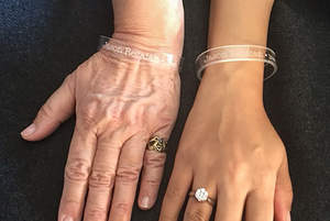 Mary Rezaian and Yeganeh Salehi, mother and wife respectively of The Washington Post's Jason Rezaian who was recently freed from Iranian prison, wearing Press Uncuffed bracelets bearing his name.