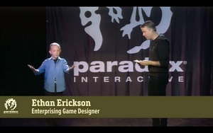 Ethan Erickson, a 10-year-old card game entrepreneur from Irvine, California, takes the stage at the 2016 Game Developer's Conference in San Francisco with Paradox Interactive CEO Fredrik Wester.