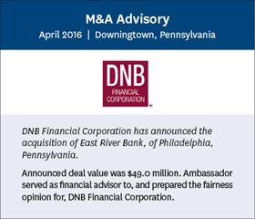 Ambassador Financial Group, Inc. Advises DNB Financial Corporation on Its Proposed Acquisition of East River Bank