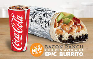 Guests can try Del Taco's new Bacon Ranch Chicken Avocado Epic Burrito and receive a free medium drink for a limited time.*