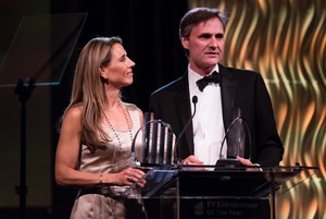 Scott Svenson, Co-founder & CEO of MOD Pizza, and Ally Svenson, Co-founder, receive the EY Entrepreneur Of The Year 2016 Award in the Emerging category for the Pacific Northwest at a gala event in Seattle on June 17, 2016.