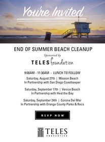 Teles Foundation is cleaning three of Southern California's most iconic beaches: Mission Beach, Venice Beach and Corona del Mar. RSVP today!